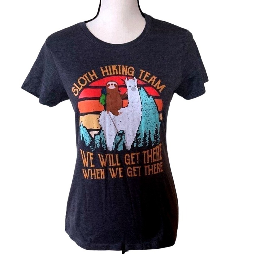 Llama and Sloth hiking team‎ gray t-shirt women Size Small